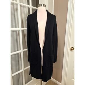 Talbots Black Open Front Long Cardigan Sweater XS Pockets Cotton Blend
